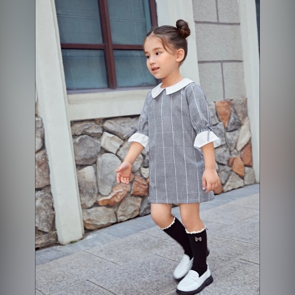 Shein kids, girls size 6Y black plaid, flounce sleeve, collared dress. - Picture 1 of 6